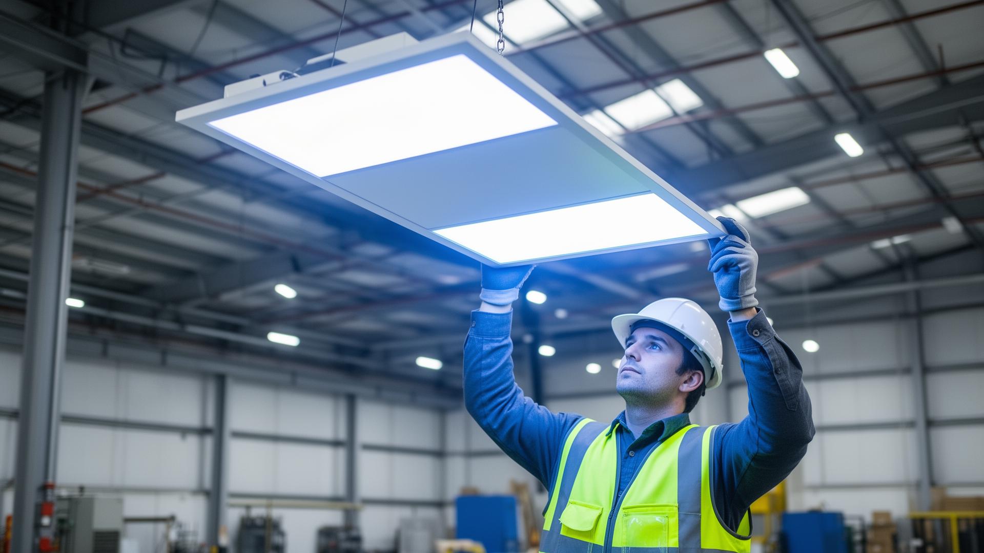 Técnico instalando luminária LED em galpão industrial